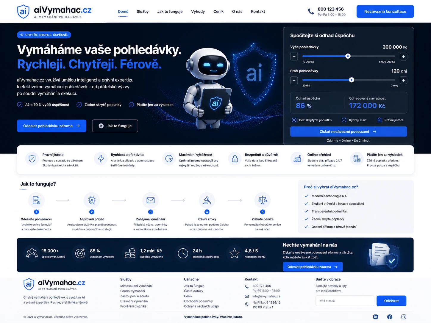 Vizuální návrh možného projektu aiVymahac.cz zaměřeného na AI podporu správy a vymáhání pohledávek